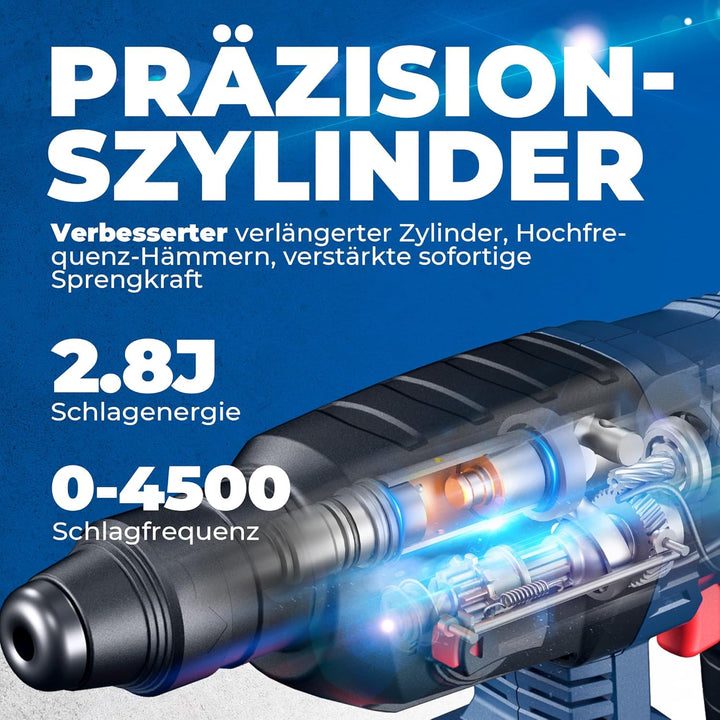 DongCheng Akku Bohrhammer 18V, Schlagenergie 2.7 J, mit 4 Stück SDS-plus, Bohren bis 28 mm, Bürstenl