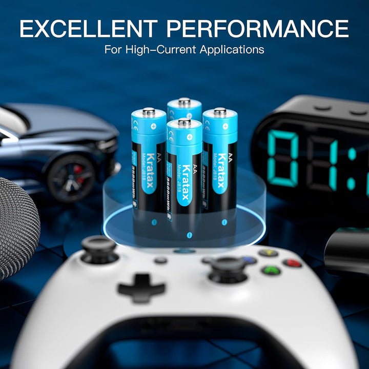 Kratax Wiederaufladbare 1,5V AA Lithium Batterien, 1600 Zyklen, für Überwachungskamera Xbox Controll