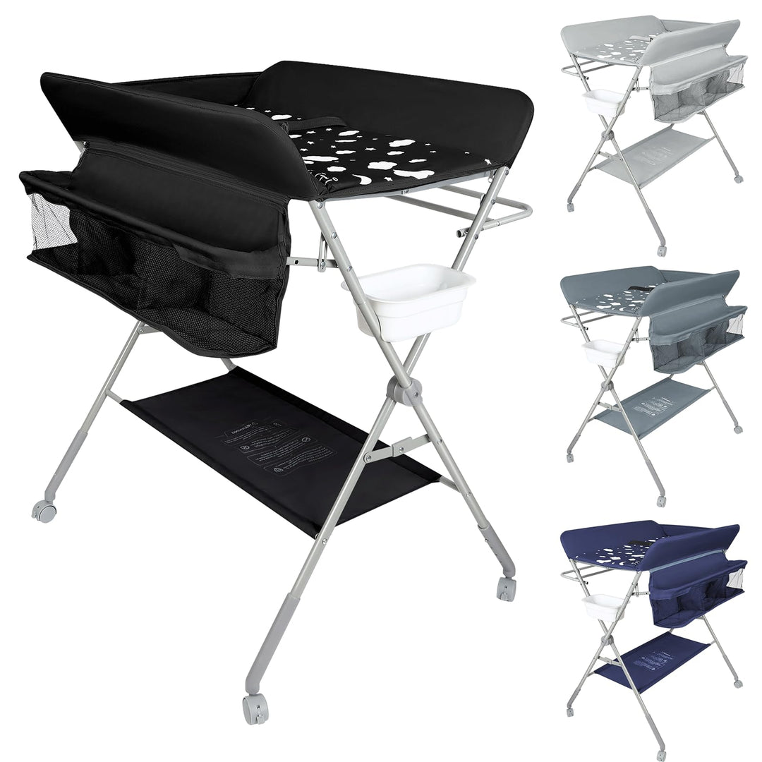 OHMG Baby Wickelkombi Klappbare Wickelkommode,Wickeltisch mit Rollen,Mobiler Wickeltisch mit Wickela