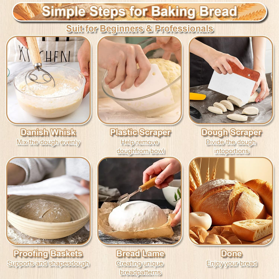 12 Stück Sauerteig Starter Set, 23,5cm & 25,4cm Gärkorb Brot Backen Mit Broschüre, Sauerteig Starter