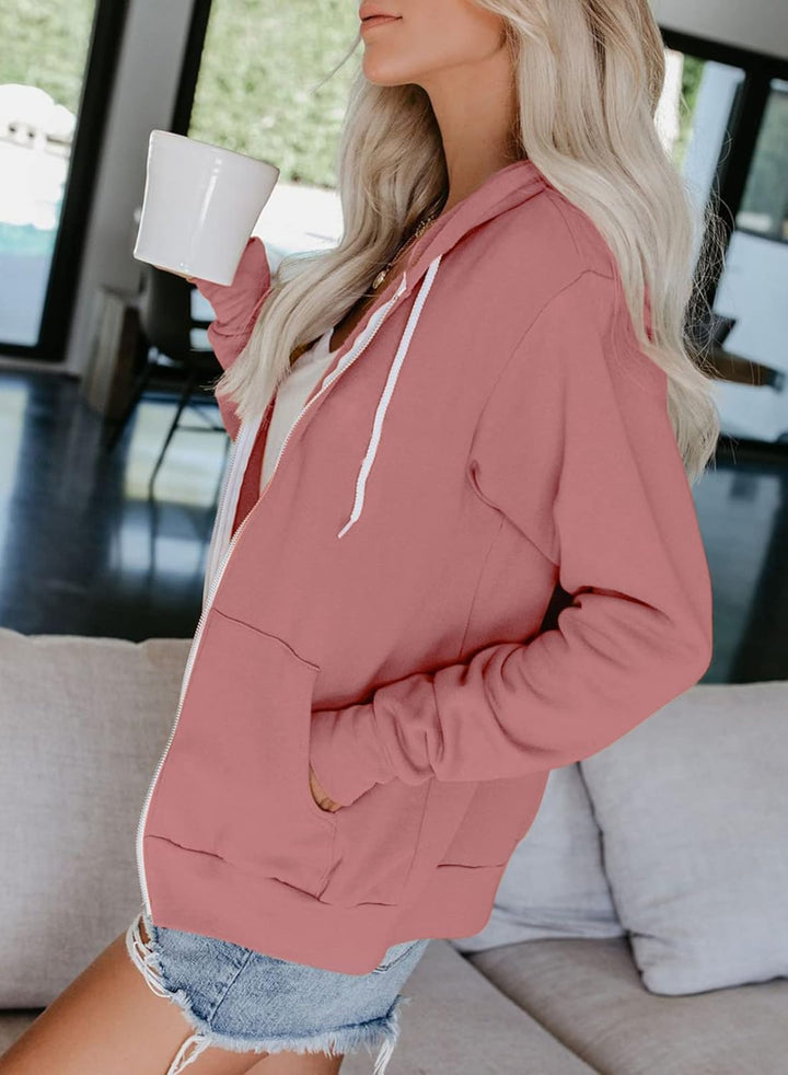 Maavoki Damen Zip Hoodie Langarm Kapuzenpulli Fleece Outwear Jacken Herbst Winter Sweatjacke A-rosa