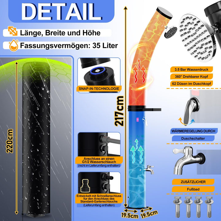 Solardusche 35L Bogen Solar Gartendusche warmes Wasser Bis Zu 60°C Ohne Stromanschluss Pooldusche Ca