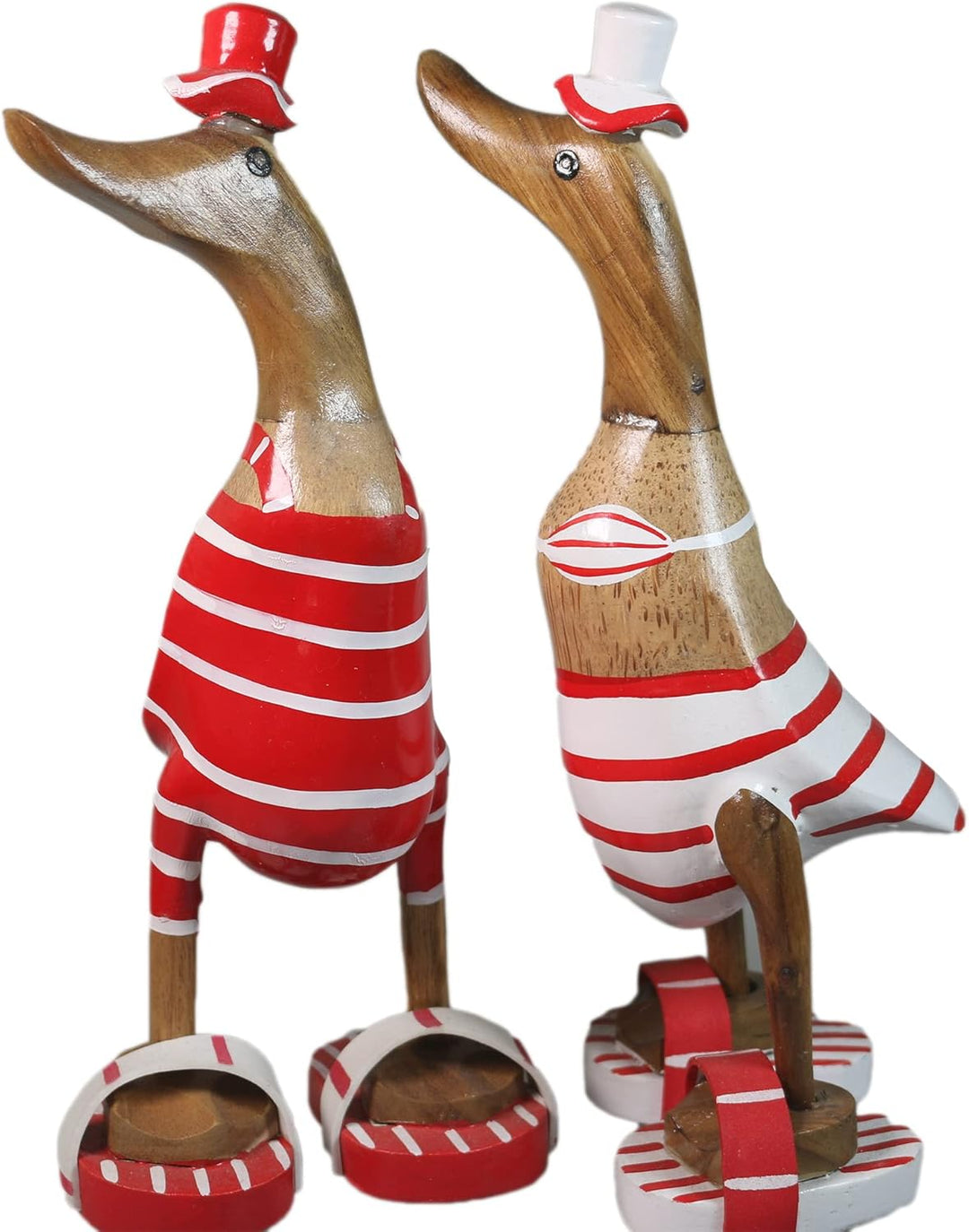 ART-CRAFT 2X Holz Ente Lauf Ente Gartendeko Figur aus Bambus Wurzel und Teak Holz rot Bikini Paar ha