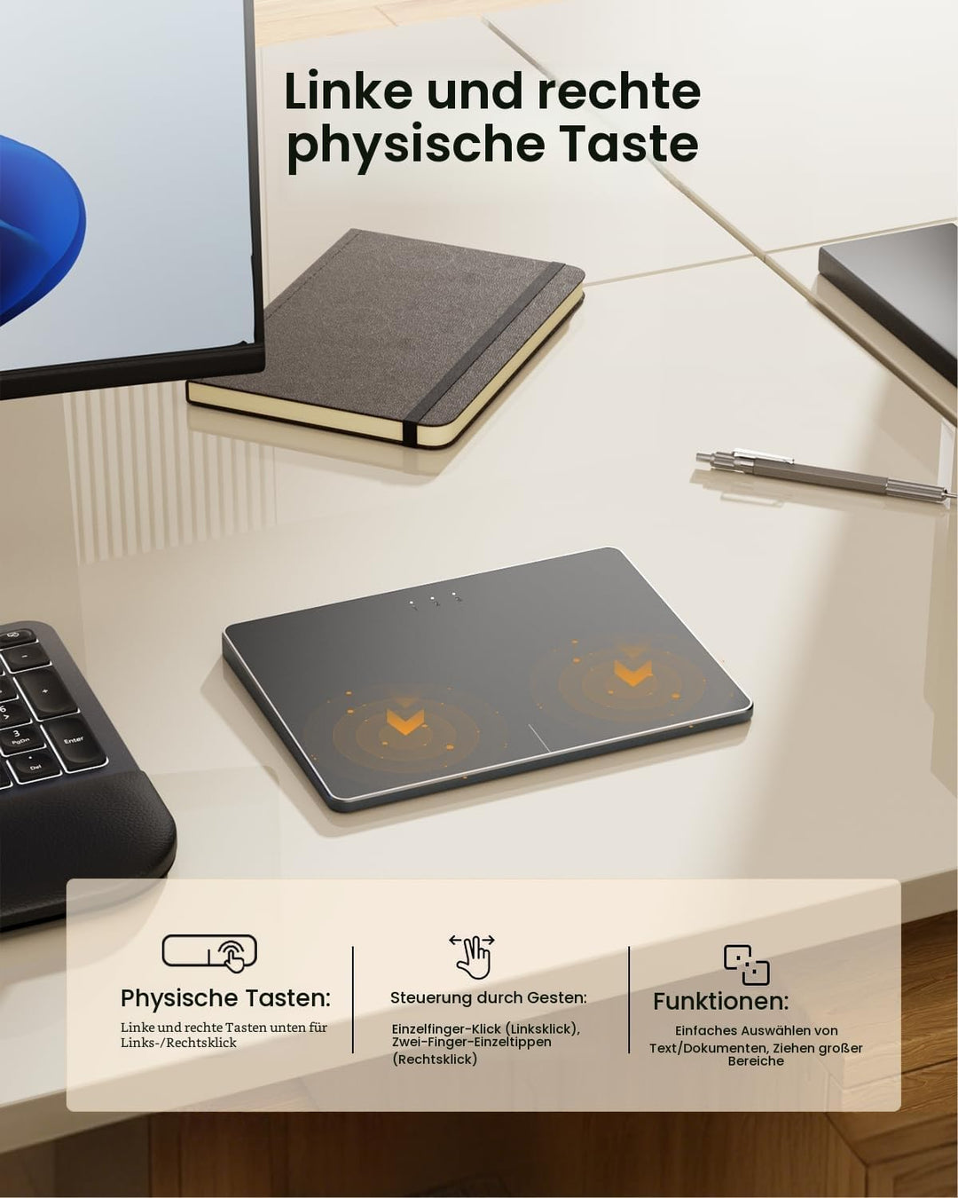 ProtoArc Kabellose Trackpad für Windows 10/11(NOT für Mac), T1 Plus Bluetooth Hochpräzises Touchpad