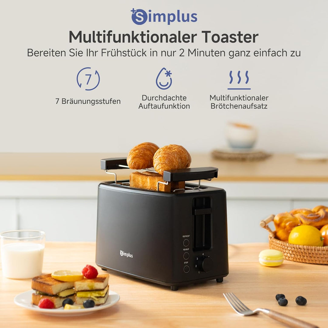 SIMPLUS Toaster 2 Toastschlitze, 7 Bräunungsstufen, Auftau- & Aufwärmfunktion, Brötchenaufsatz, extr