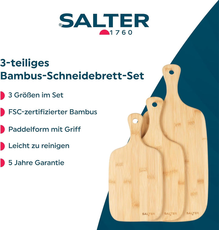 Salter Schneidebrett Set Bambus, Holz Schneidebrett 3-teilig 30/35/45cm, Bambus Schneidebrett mit Gr