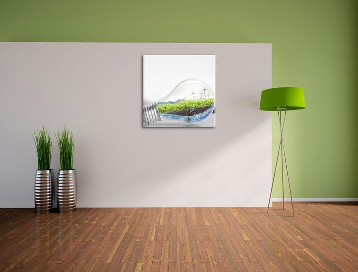 Pixxprint grüne Energie in Glühbirne schwarz/weiss, Format: 70x70 auf Leinwand, 70x70