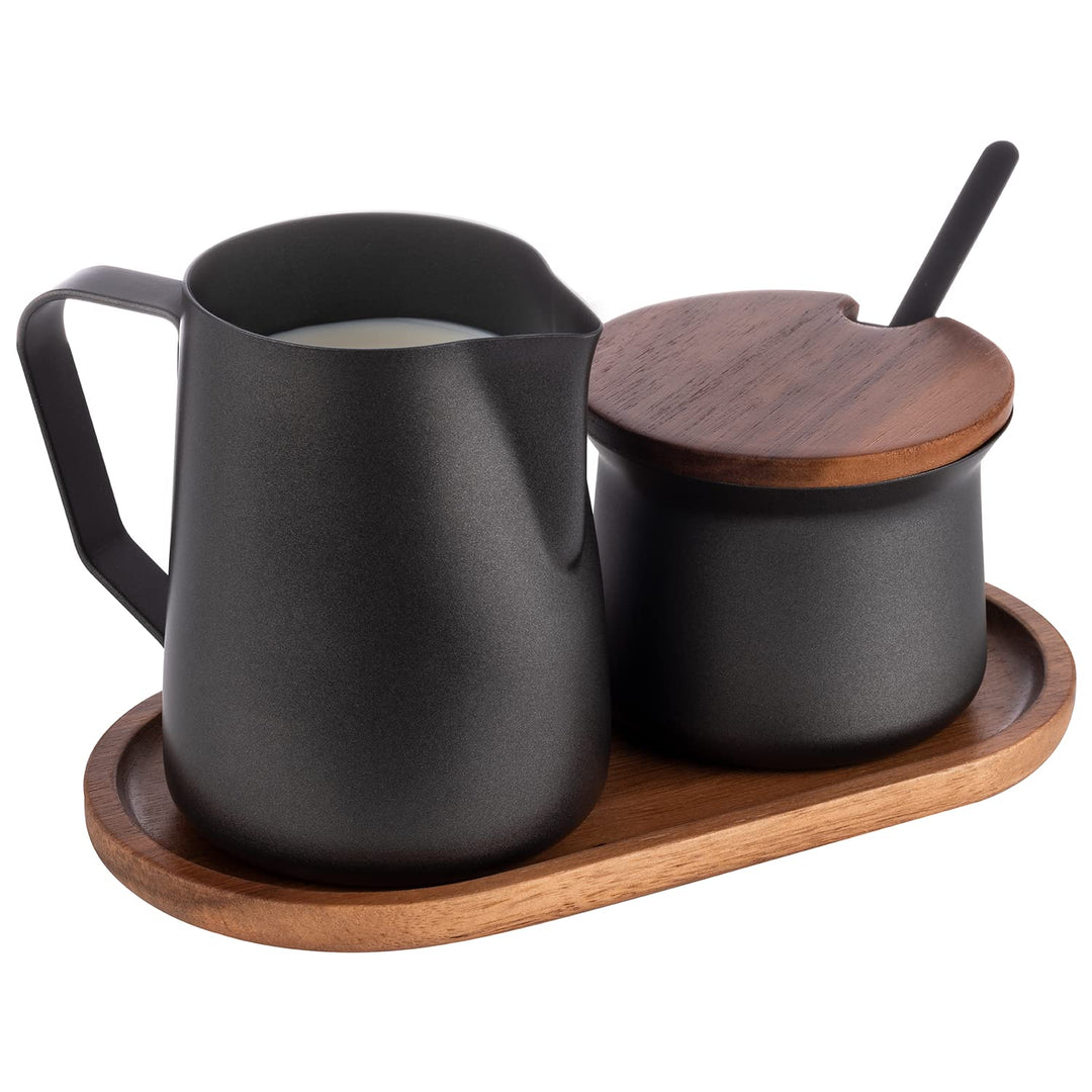 APS 634 Milch- und Zucker-Set, 5-tlg. Set, Akazienholz, Edelstahl, antihaft beschichtet, schwarz, Sc