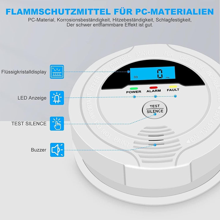 Kohlenmonoxid-Detektor, CO-Detektor mit digitaler LCD-Anzeige und akustischen Alarmen Carbon Monoxid