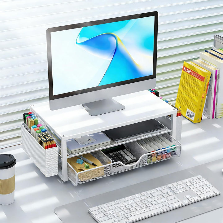 Monitorständer mit Schublade, Schreibtischorganizer und Zubehör, 2-stufiger Computer Monitor Erhöhun