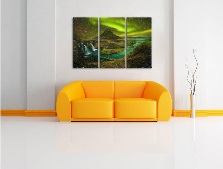 Pixxprint Kirkjufell Wasserfall als Leinwandbild/Grösse: 3 Teilig (120x80 cm) cm/Wandbild/Kunstdruck