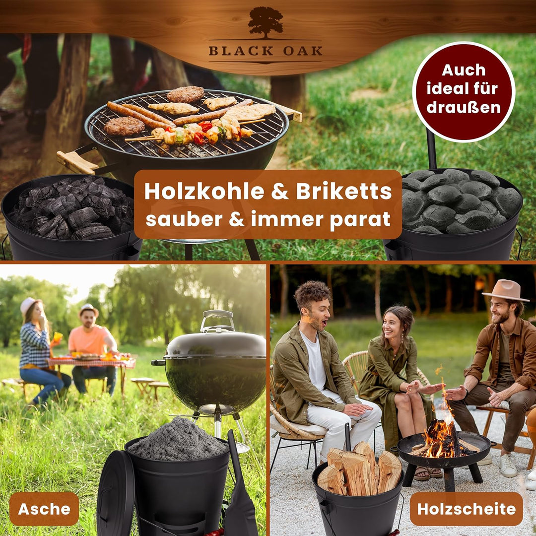 BLACK OAK Ascheeimer Stromboli 20L – schwarz mit Deckel & Schaufel - Bügel schwarz - gross 20 Liter
