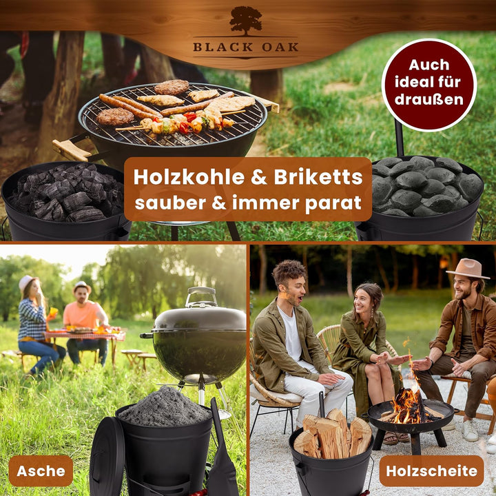 BLACK OAK Ascheeimer Stromboli 20L – schwarz mit Deckel & Schaufel - Bügel schwarz - gross 20 Liter