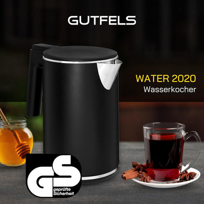 GUTFELS Wasserkocher WATER 2020 | Elektrischer Wasserkocher mit Kalkfilter 2200 W | Doppelwandig | 1