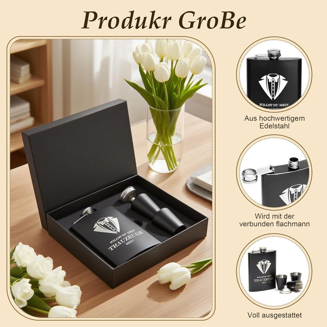 Flachmann mit Gravur 8oz Edelstahl Geschenkset für Trauzeuge und Trauzeugin, Schwarze Geschenkbox mi