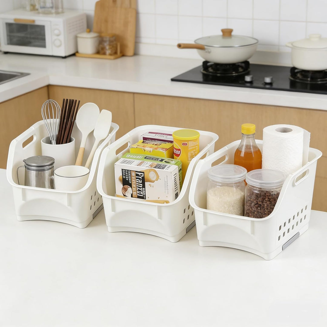 Tyminin 3er Pack Stapelkörbe aus Kunststoff, Küchengemüse- und Obstregalbehälter, Weiss, Weiss