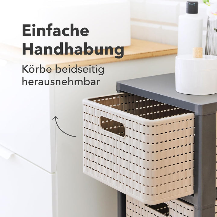 Rotho Country Rollcontainer mit 3 Schubladen in Rattan-Optik, Kunststoff (PP) BPA-frei, anthrazit, 3