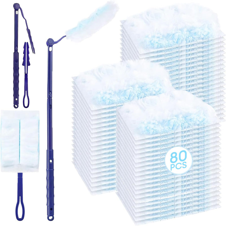 80 Stück Staubmagnet Nachfüllpack, Kompatibel mit Swiffer, Duster Set mit Teleskopstange & Handgriff