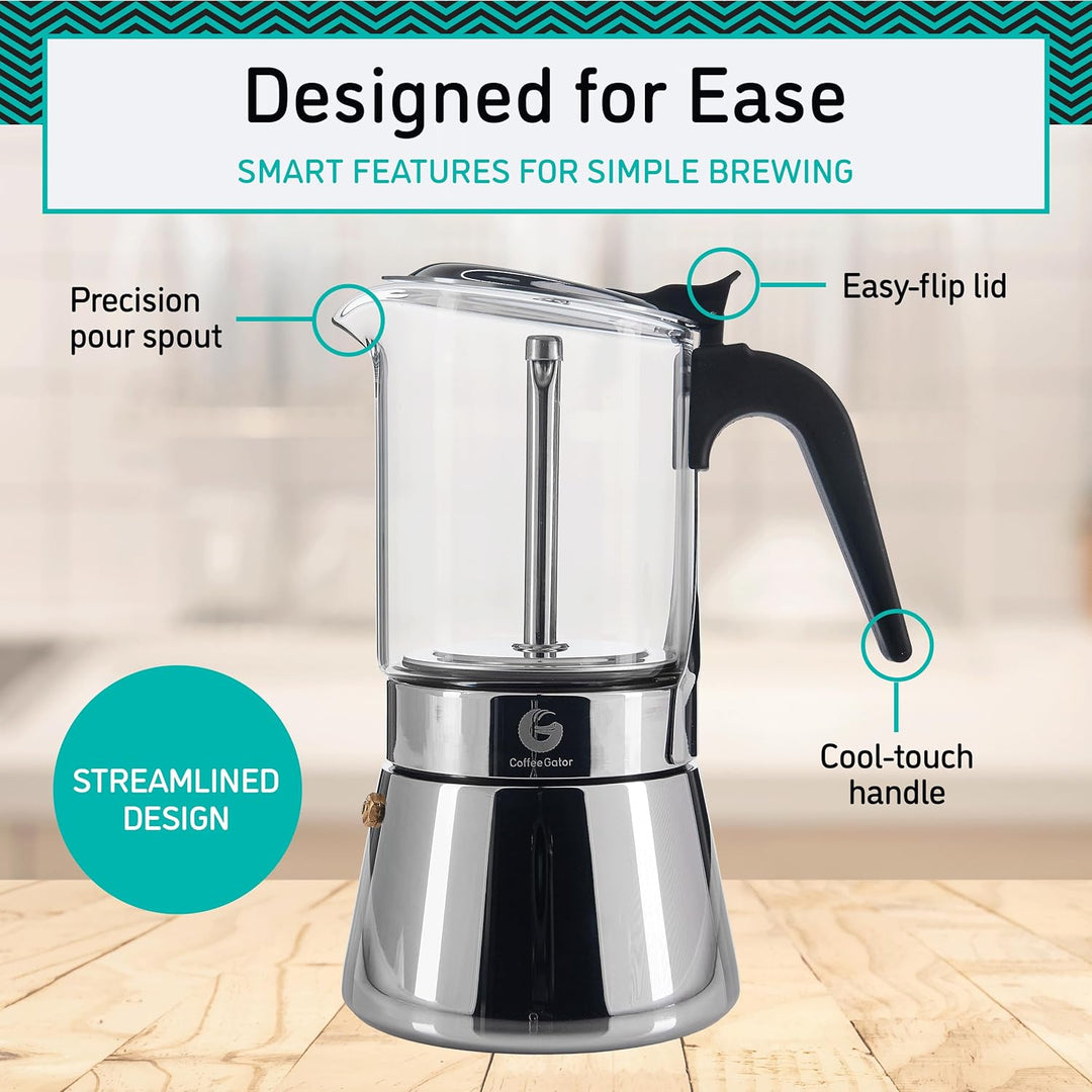 Coffee Gator Espressokocher Herdplatte 4 Tassen - 200 ML Edelstahl Moka-Kanne für Kräftigen Kaffee N