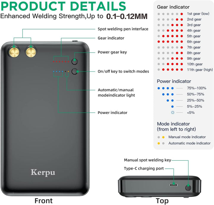 Mini-Punktschweissgerät, Kerpu 5000mAh Batterie-Punktschweissgerät, 6-Gänge einstellbar mit Typ-C La