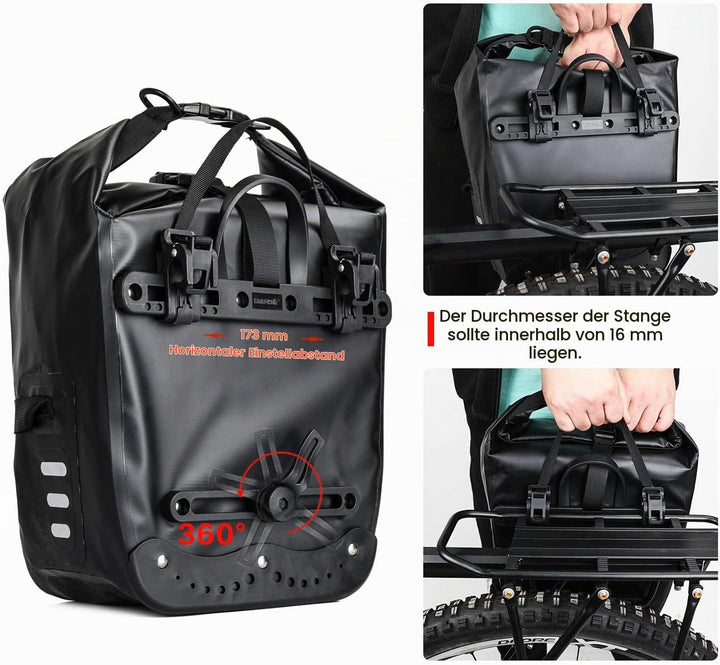 Rhinowalk 20L Fahrradtasche Wasserdicht Gepäckträgertasche Fahrrad Gepäckträger Seitentaschen Rollto