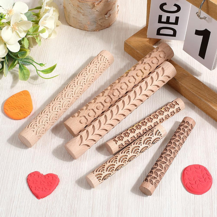 CREATCABIN 6er Set Mit Musterrollen Für Tonmodellierung 3 Stile Strukturierte Nudelhölzer Blumen Mee