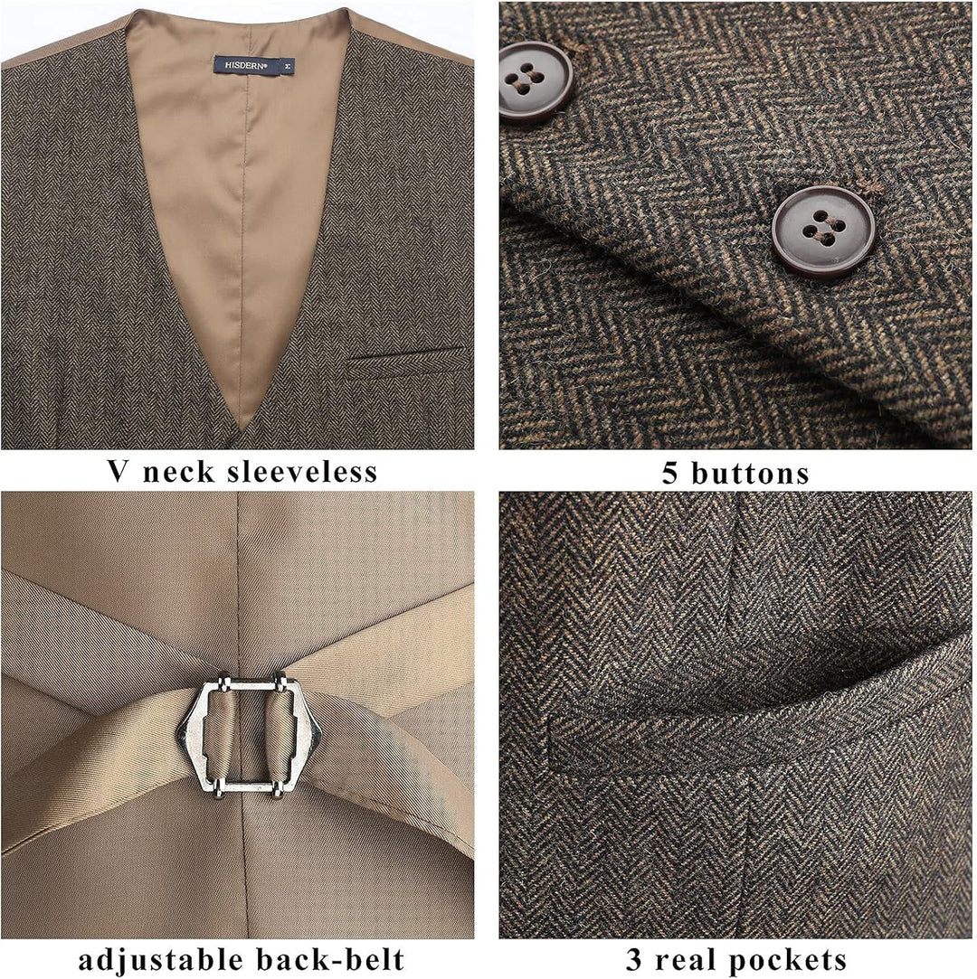 HISDERN Herren Anzugweste Herringbone Weste Hochzeit Herrenweste Formale Tweed Wollweste Classic Bas