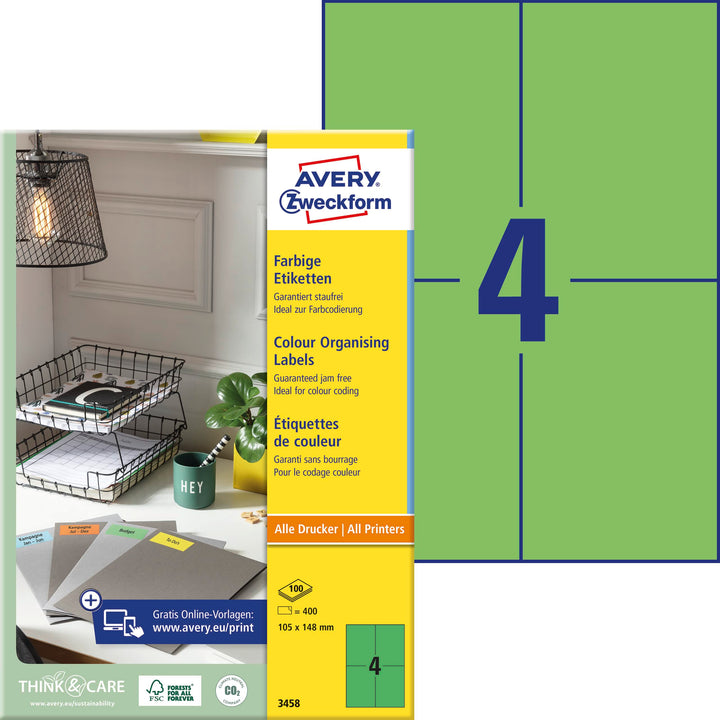 AVERY Zweckform 3458 Grüne Etiketten (400 Aufkleber, 105x148mm auf A4, permanent haftend, selbstkleb