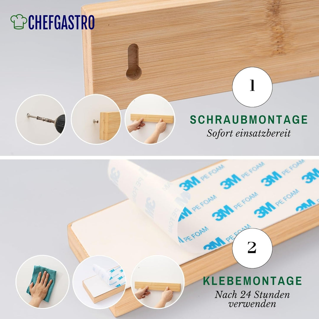 CHEFGASTRO Magnetleiste magnetische Messerleiste Messerhalter aus Bambus, 6,2x40x2,1cm, mit 3 silber