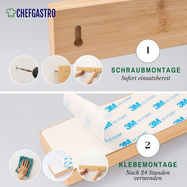 CHEFGASTRO Magnetleiste magnetische Messerleiste Messerhalter aus Bambus, 6,2x40x2,1cm, mit 3 silber