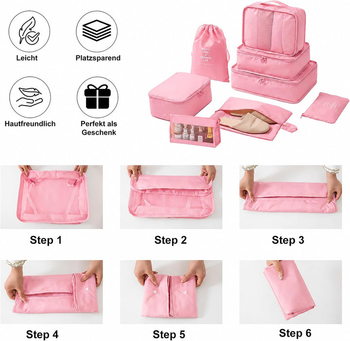 Packing Cubes 8er Set Koffer Organizer Packwürfel Set wasserdicht | Leichte Reise Packtaschen für Ko