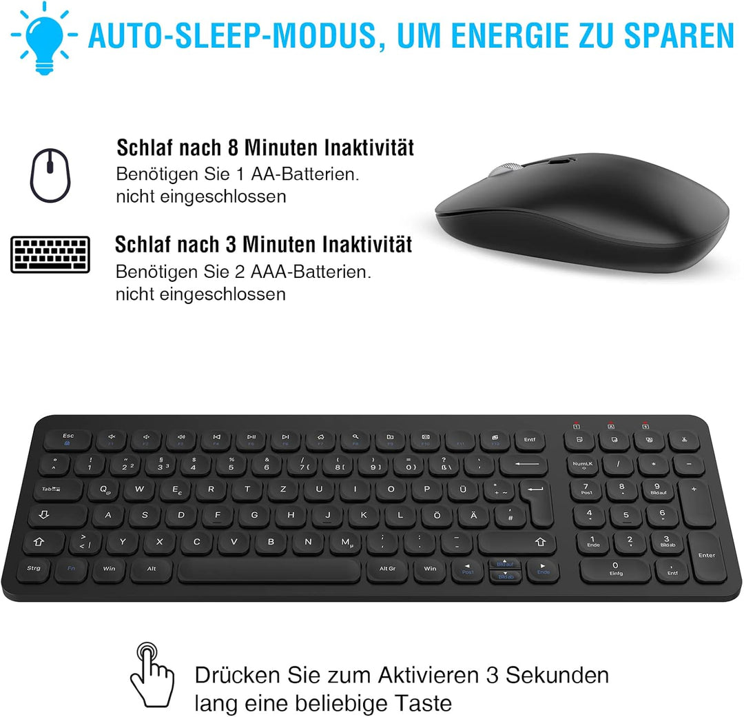 cimetech Tastatur Maus Set Kabellos, 2.4G Ultraslim Kabellose Tastatur mit Funkmaus, QWERTZ Deutsche