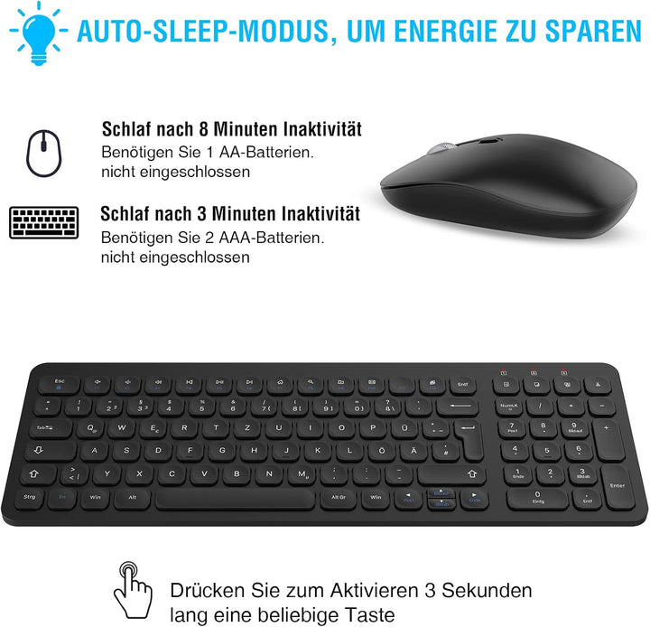 cimetech Tastatur Maus Set Kabellos, 2.4G Ultraslim Kabellose Tastatur mit Funkmaus, QWERTZ Deutsche