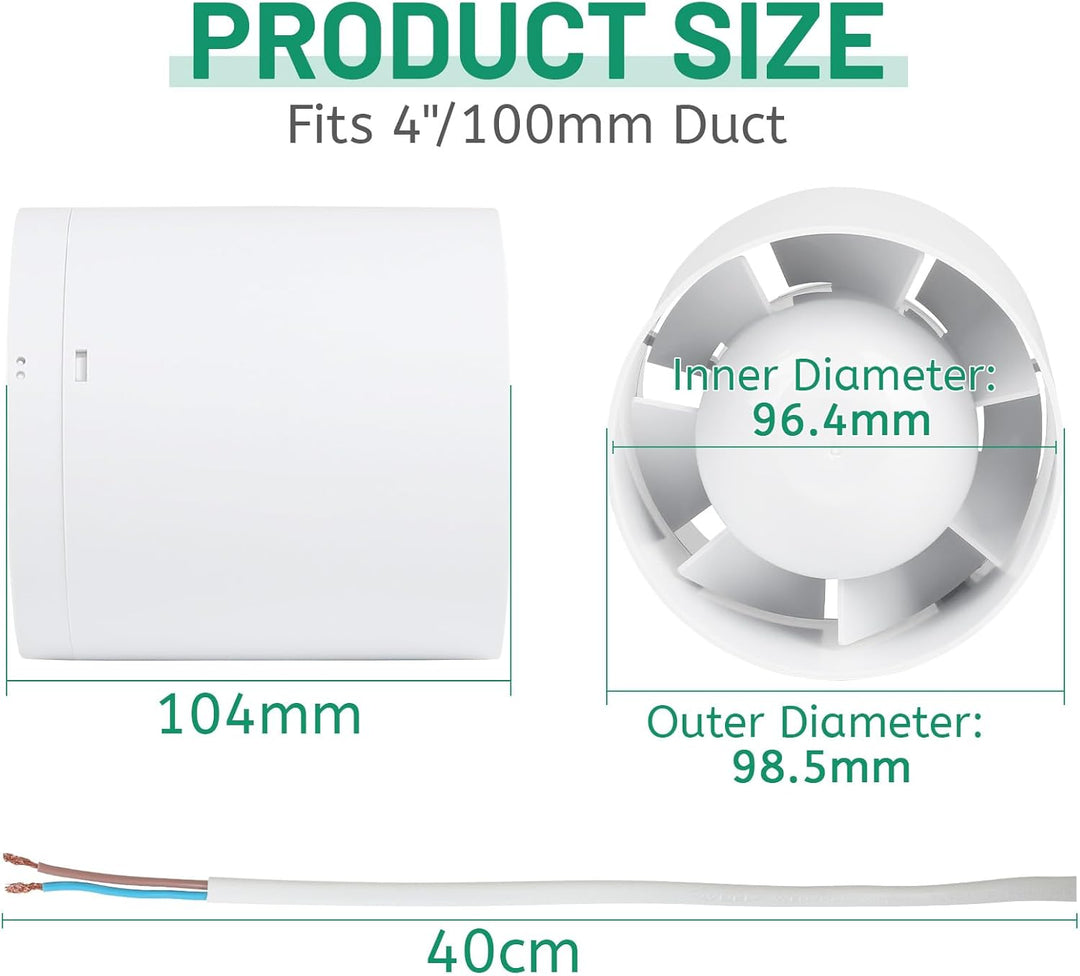 lalago Kanal Rohrventilator 100mm, Inline-Abluftventilator 34dB Leise Weiss, Rohrlüfter mit Rückstau