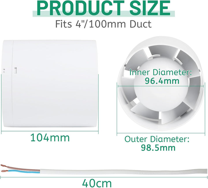 lalago Kanal Rohrventilator 100mm, Inline-Abluftventilator 34dB Leise Weiss, Rohrlüfter mit Rückstau