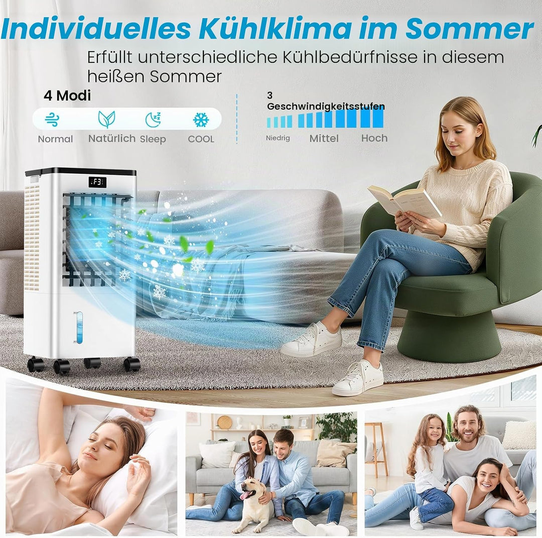 Klimaanlage Mobile, 3 in 1 Klimagerät Tragbarer Luftkühler Luftbefeuchter Verdunstungs Lüfter mit 8L