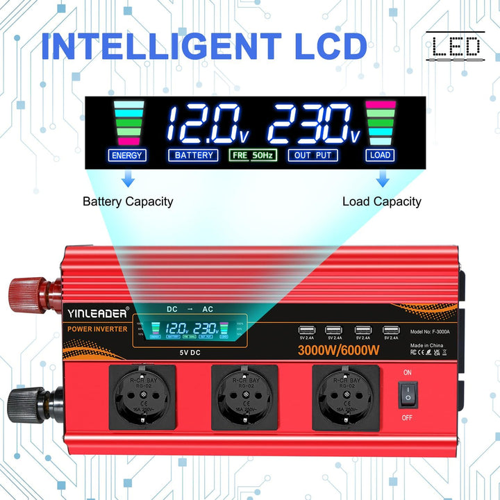 Wechselrichter 12V 230V 3000W /6000W Wechselrichter Fernbedienung 4X USB und LCD 3 AC Steckdosen Mod