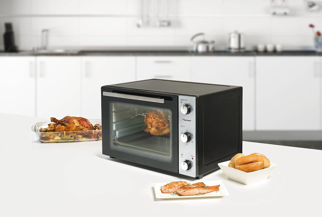 Bestron AOV55 2-in-1 Mini-Backofen mit Drehspiess, 55 Liter, 2000 W, Edelstahl, Schwarz 55 Liter Min