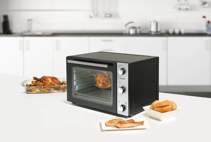 Bestron AOV55 2-in-1 Mini-Backofen mit Drehspiess, 55 Liter, 2000 W, Edelstahl, Schwarz 55 Liter Min