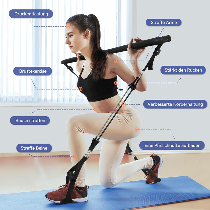 ALongSong Pilates-Stange, unverzichtbares professionelles Widerstandsband-Set für Anfänger, 4 Gummib