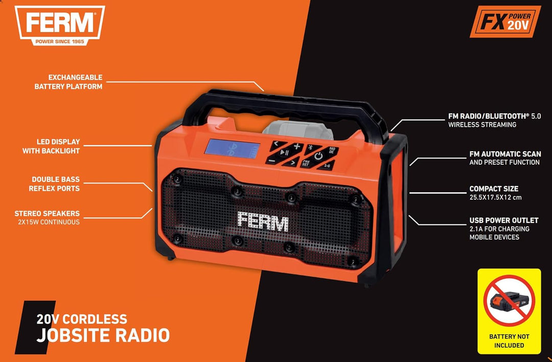 FERM Akku-Baustellenradio 20 V – Bluetooth 5.0 Lautsprecher mit FM-Radio, USB-Ladefunktion, Stereo 2