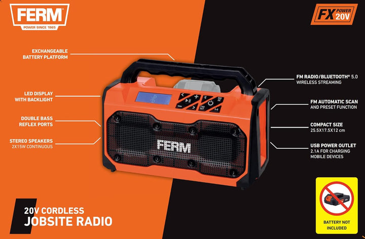 FERM Akku-Baustellenradio 20 V – Bluetooth 5.0 Lautsprecher mit FM-Radio, USB-Ladefunktion, Stereo 2