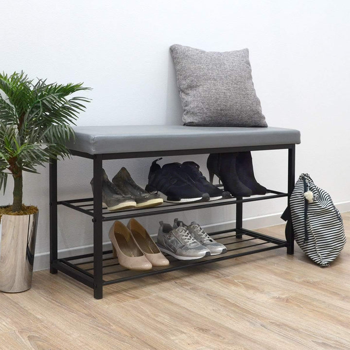 DuneDesign Schuhregal 96x32,5x51cm Schuhbank Offener Schuhschrank Sitzbank Grau Hellgrau, Hellgrau