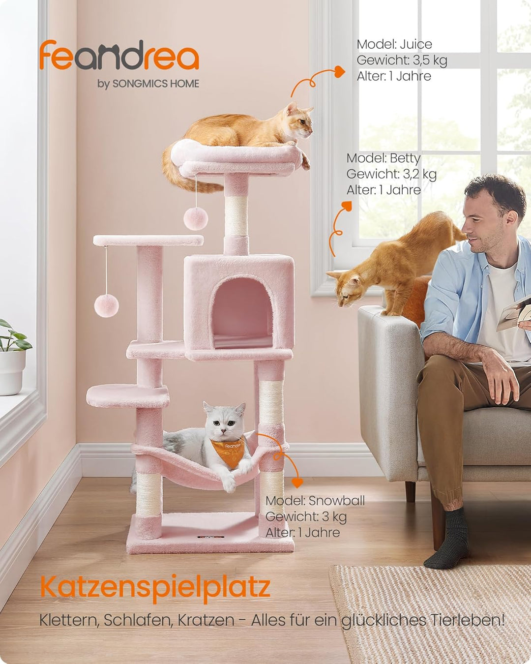 Feandrea Kratzbaum, 112 cm hoch, Katzenbaum, mehrstöckiges Katzenhaus, mit 4 Kratzsäulen, 2 Plattfor