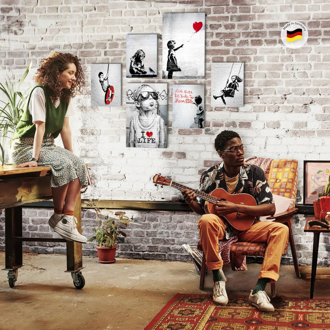 Novart Wandbilder Banksy Collage - KOMPLETT AUFHÄNGFERTIG - Street Art Wohnzimmer Büro - 6 Moderne M