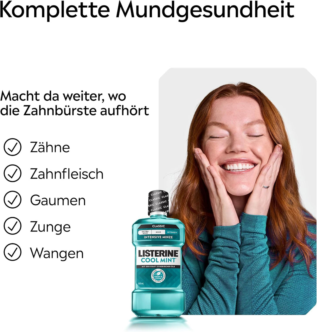 LISTERINE Cool Mint (6 x 500 ml), antibakterielle Mundspülung mit ätherischen Ölen & Minzgeschmack,