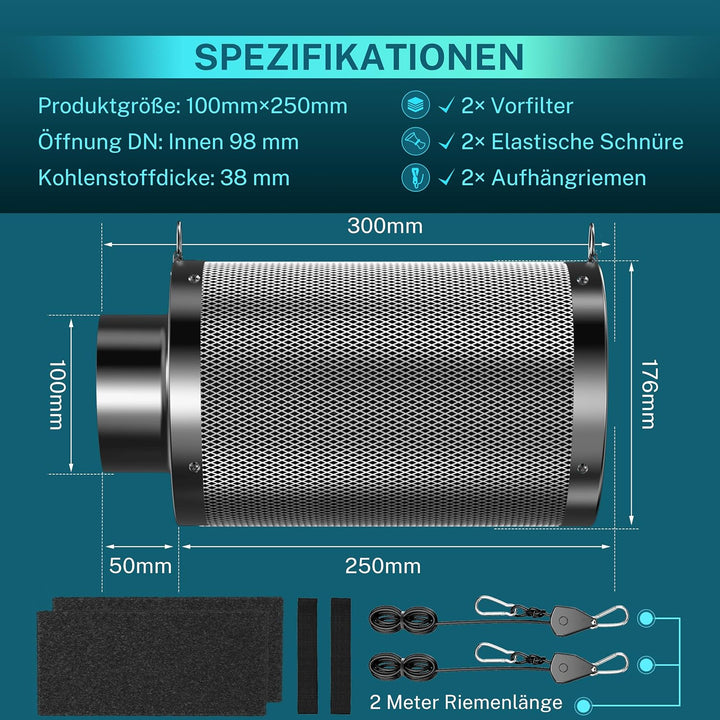 HG Power Aktivkohlefilter 100mm, Länge 250mm – 38mm Premium Australische Virgin-Aktivkohle, Geruchsk
