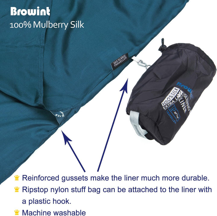 BROWINT Seidenschlafsack, Hüttenschlafsack aus 100% Naturseide, Extrabreite 220x110cm, 220x87cm, 185
