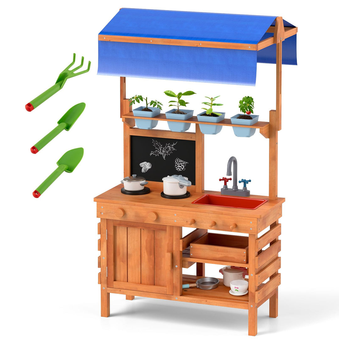 COSTWAY Matschküche Kinder Outdoor, Kinderküche Holz mit Sonnendach & Tafel & Pflanzbechern & Schauf