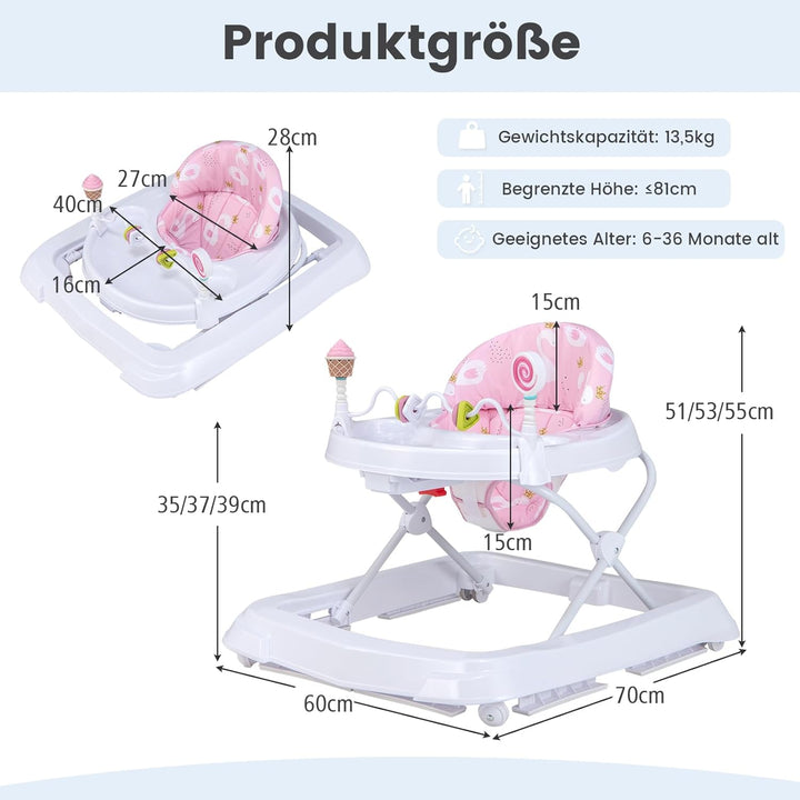 COSTWAY Lauflernhilfe Baby klappbar, Lauflernwagen 3-stufig höhenverstellbar mit Rädern, Spielzugen,